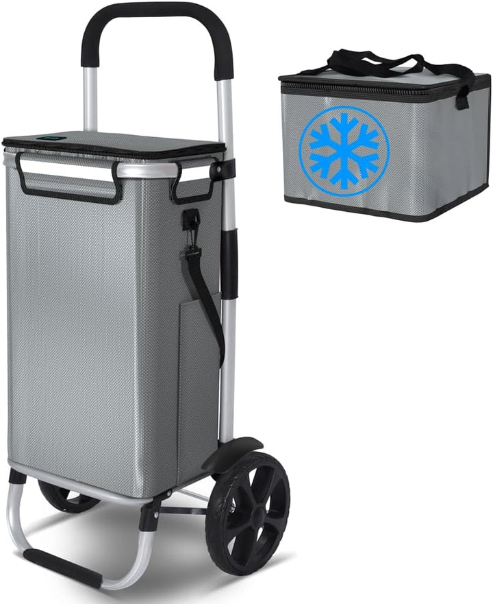 VOUNOT Einkaufstrolley Klappbar aus Aluminium mit 50L Wasserdichter Tasche und Kühlfach, 2 Extra gro