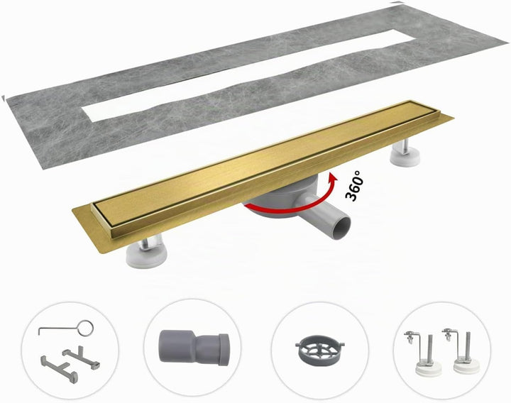 Duschrinne 50 cm, Gold Befliesbar Duschrinne extra flach, Edelstahl Bodenablauf Komplettset mit 360°