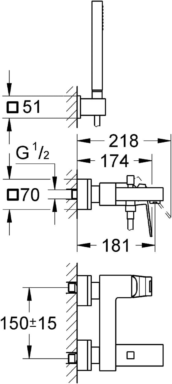 GROHE Eurocube | Wanne - Wannenarmatur | mit HANDBRAUSE, Wandhalter und Schlauch | 23141000 & Eurocu