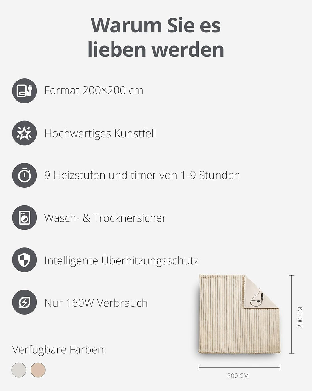 Duux Yentl Striped Elektrische Wärmedecke – 200x200 cm – Extra Weich – 9 Heizstufen & Timer – Waschb