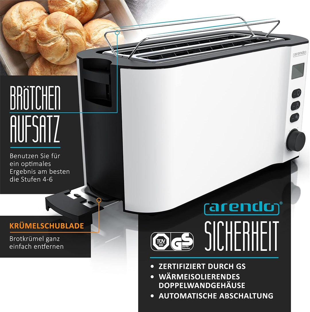 Arendo - Toaster Edelstahl Langschlitz 4 Scheiben - Doppelwandgehäuse - Integrierter Brötchenhalter