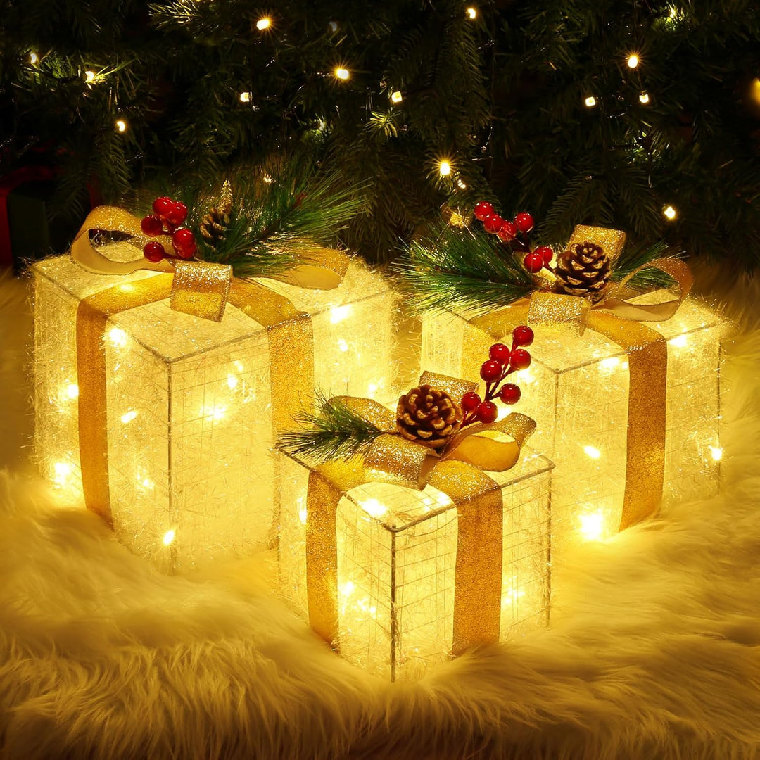Quntis 3 Set LED Geschenkbox Weihnachten, Weihnachtsdeko Innen Strombetrieben, 60 warmweisse LEDs, B
