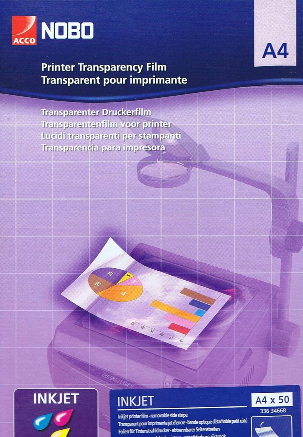 Nobo Folie 50 Stück DIN A4 für Inkjetdrucker 120my Stärke Kompatibel mit Tintenstrahldrucker, Tinten