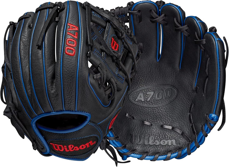 WILSON 2022 A700 Jugend-Baseball-Handschuh Schwarz/Blau/Rot 11.25 inch Rechte Hand Wurf, Schwarz/Bla