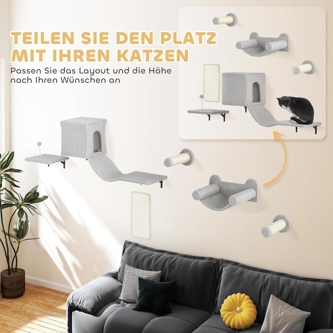 PawHut Kletterwand Katzen, 6-teilig Katzenkletterwand Set, Katzen Wandelemente mit Katzenhaus, Hänge