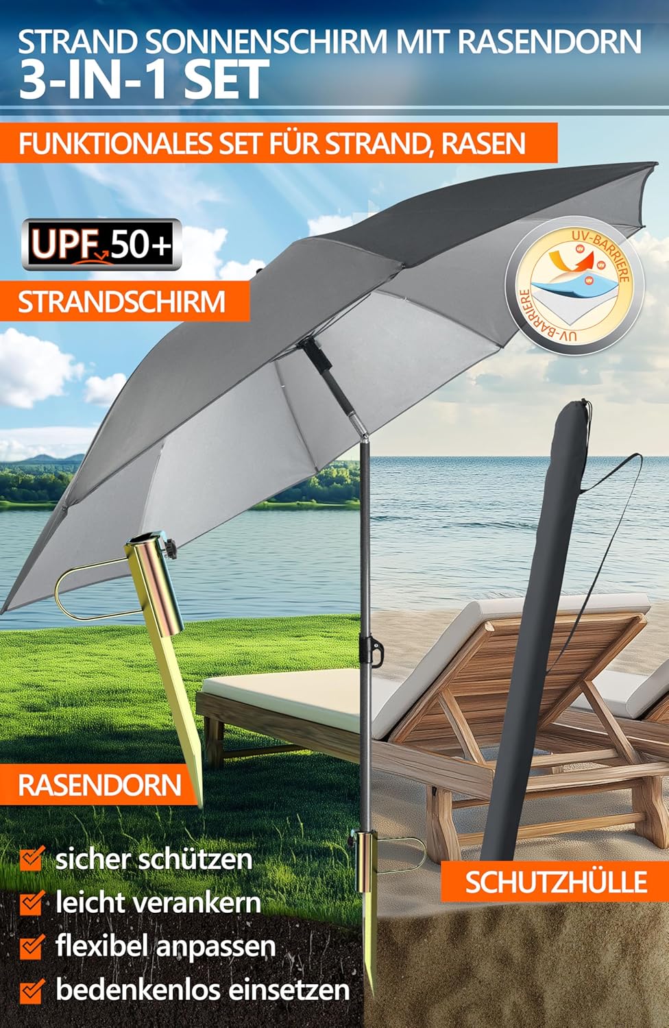 4smile Sonnenschirm Strand SunnyJoy in Anthrazit, 3er Set - Strandschirm windfest stabil + Rasendorn