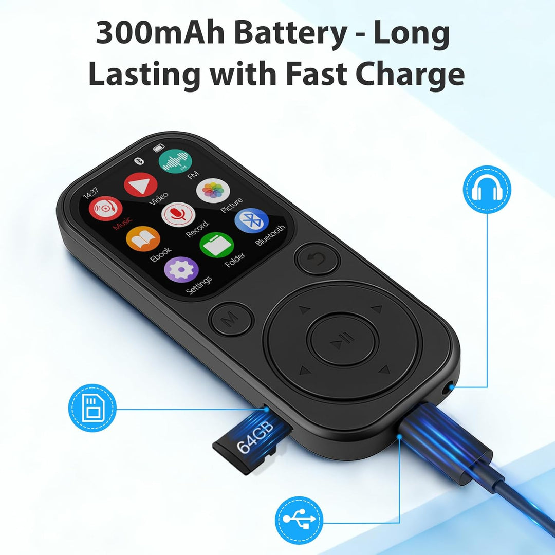 MP3 Player mit Bluetooth 5.3, Tragbarer Musikplayer mit 64GB Speicherkarte, FM Radio, Sprachaufnahme