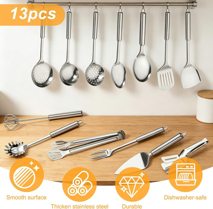 13 Stück Silber Küchenutensilien Set, Titan Silber Beschichtung Edelstahl Kochutensilien Set, Silber