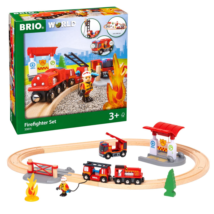 BRIO World 33815 Feuerwehr-Set - Holzeisenbahn-Set inklusive Feuerwehr-Auto mit Licht und Sound - Em