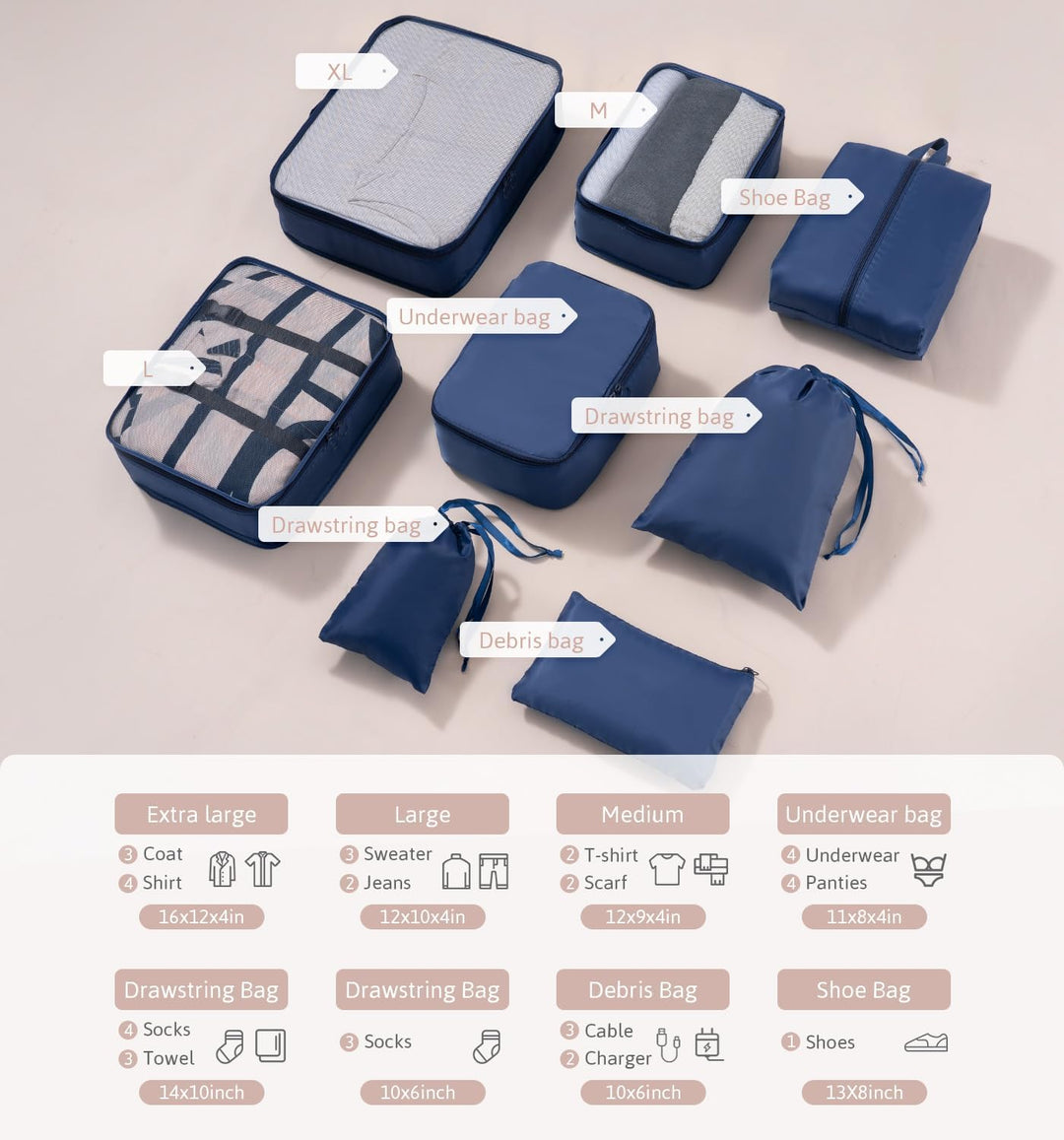 Meowoo 8-teilig Koffer Organizer Set, Packing Cubes, Packwürfel für Urlaub & Business, Reise Organiz
