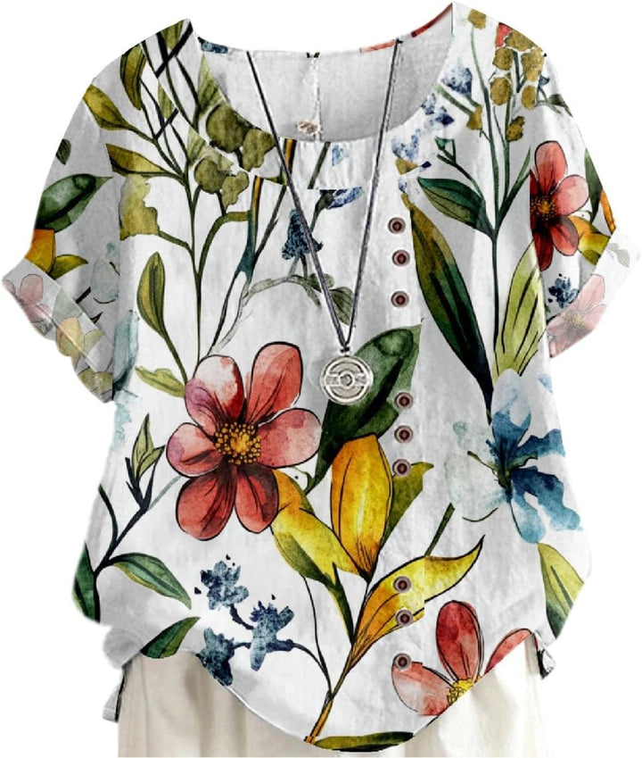 Generisch Latzhose Damen Kurz Baumwolle und Leinen, Knopfleiste, Boho-Blumenmuster, Kurzarm Damen We