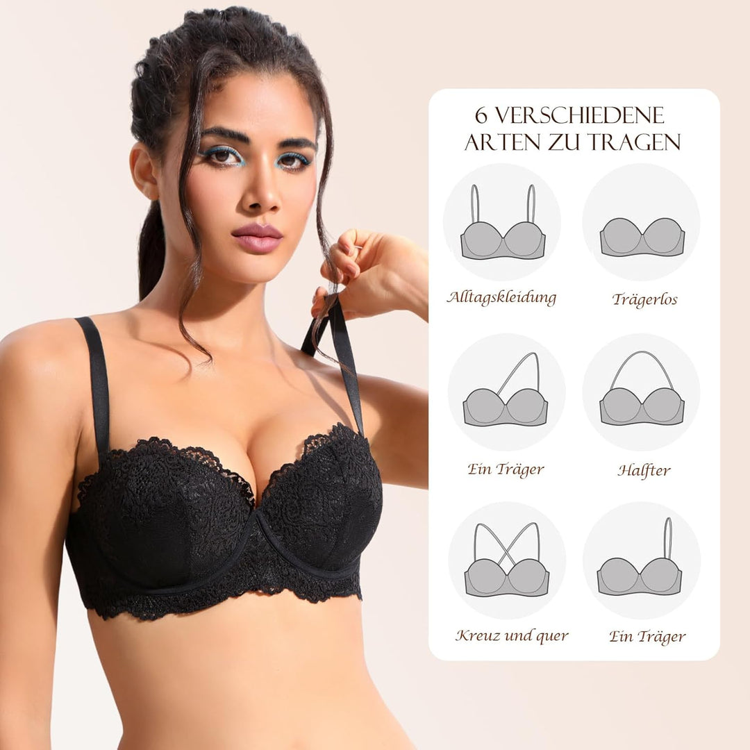 YANDW Trägerloser Stark Gepolsterter Push Up Spitzen BH mit Multiway Transparenten Trägern Trägerlos