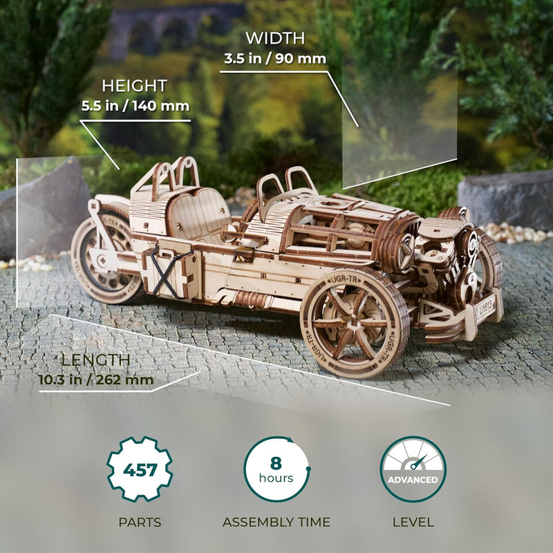 UGEARS Dreiradfahrzeug UGR-S - 3D Holzpuzzle Motorrad - Auto 3D Puzzle Modellbausatz für Erwachsene