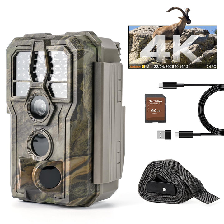 GardePro E5 2.0 4K Wildkamera, 64GB SD-Karte, 64MP Wildtierkamera mit 0,1s Auslöser, 30m no-Glow Nac