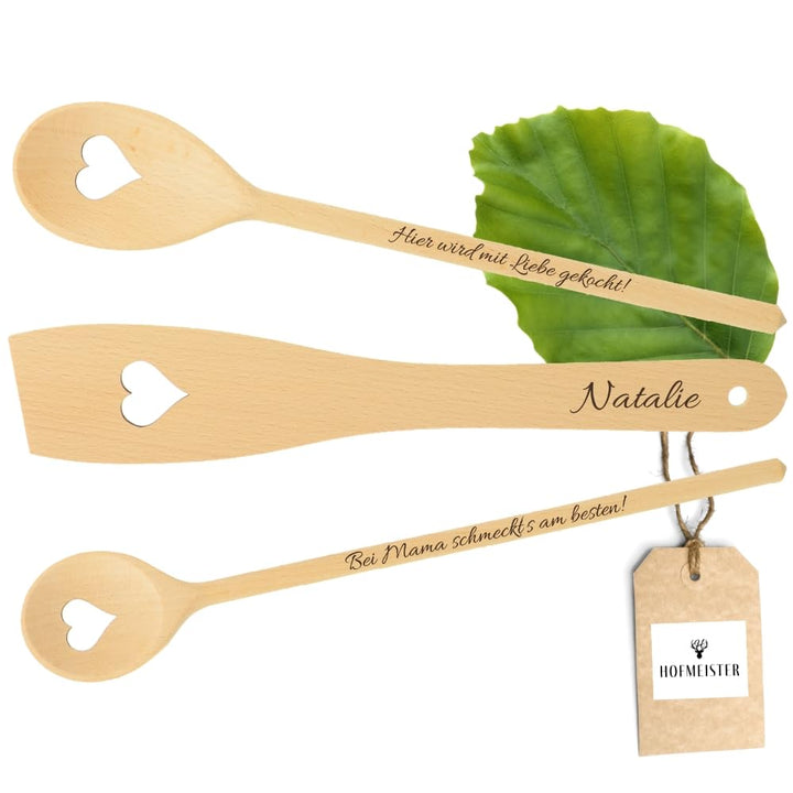 HOFMEISTER® Koch-Set Herz 3-teilig mit Gravur – 2 Kochlöffel und 1 Pfannenwender aus Buchenholz mit