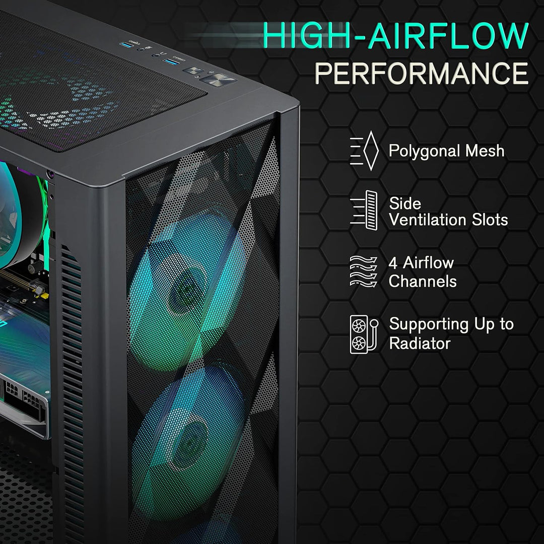MUSETEX ATX PC Gehäuse Pre-Install 6 PWM ARGB Lüfter, Polygonal Mesh Computer Gaming Gehäuse, Öffnun