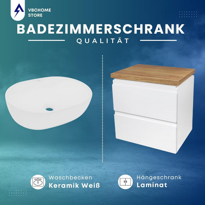 VBChome Badmöbel 50 cm Weiss Aufsatzwaschbecken 48x35 cm Aufsatzwaschtisch mit Waschbeckenunterschra