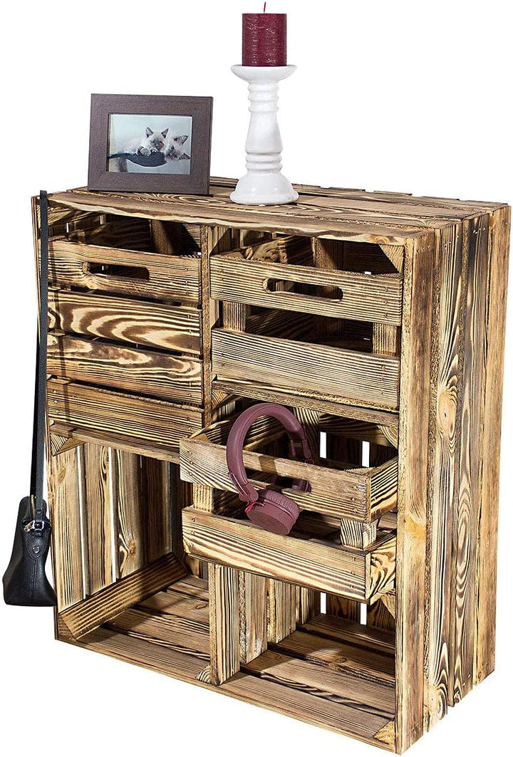 Grosses Vintage Holzregal mit fünf Fächern, Holzkiste neu, 68x35x77cm (Geflammt mit Schubladen)
