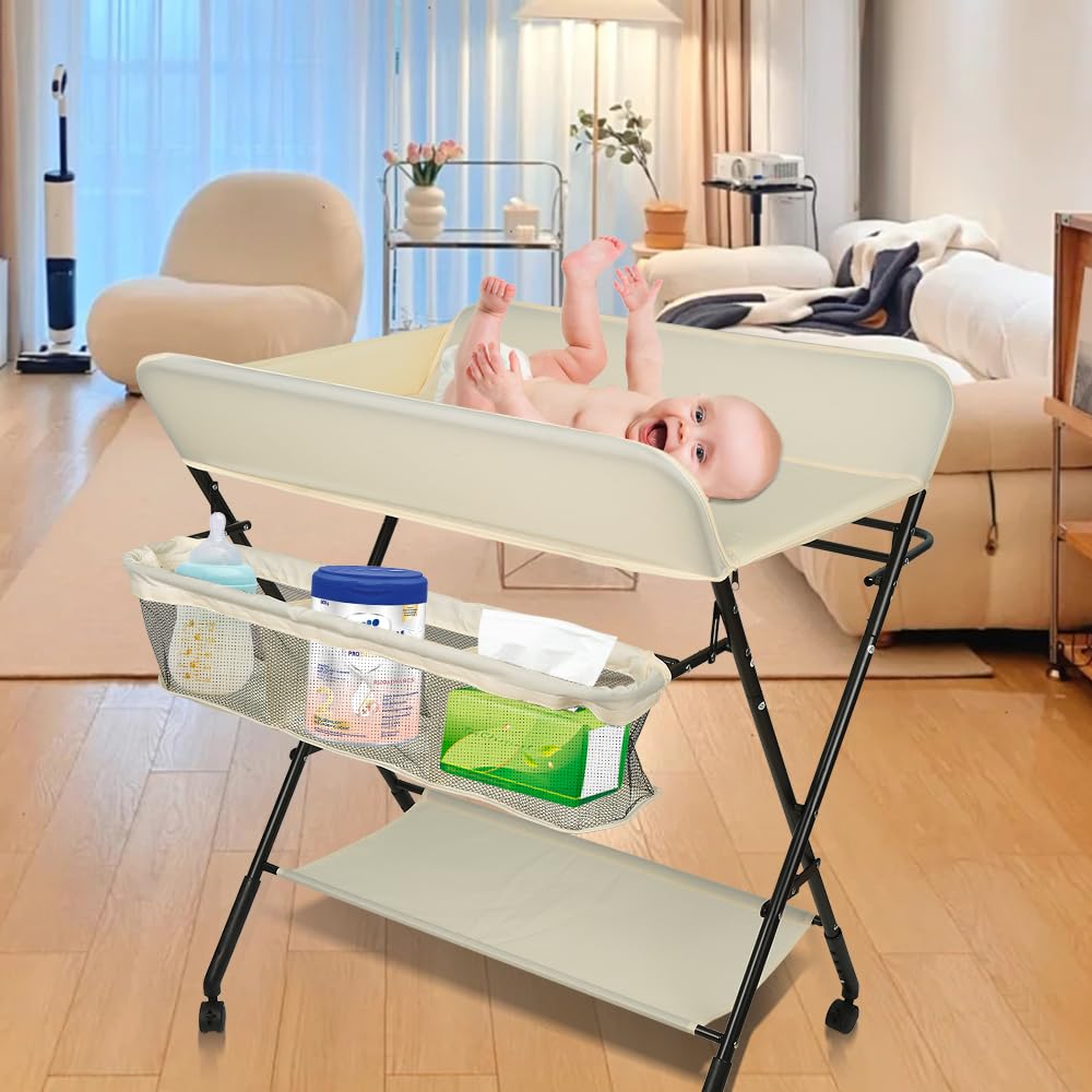 Wickeltisch Klappbar, Baby Klappbarer Wickeltisch mit Rollen und Wickelauflage, Wickelkommode Baby m