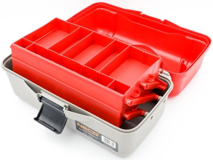 NECO Angelbox Rot mit 2 Schubladen – Tackle Box 35,5x20x19 cm | Angelkoffer mit Fächern für Köder, H