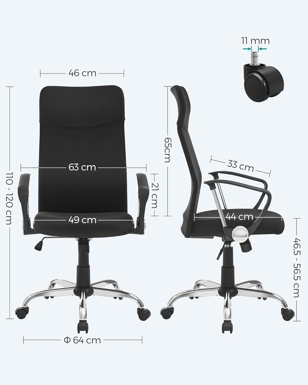 SONGMICS Bürostuhl, ergonomischer Schreibtischstuhl, Drehstuhl, gepolsterter Sitz, Stoffbezug, höhen