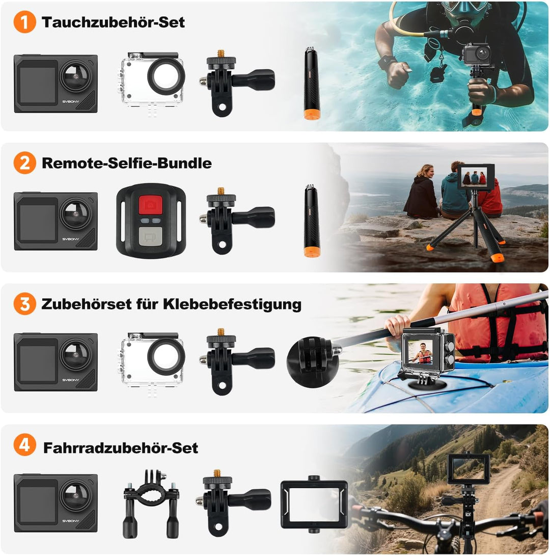 SVBONY SVGo2 4K Unterwasserkamera, Touchscreen 50 MP Action Kamera, Zwei Bildschirme, wasserdichte 3