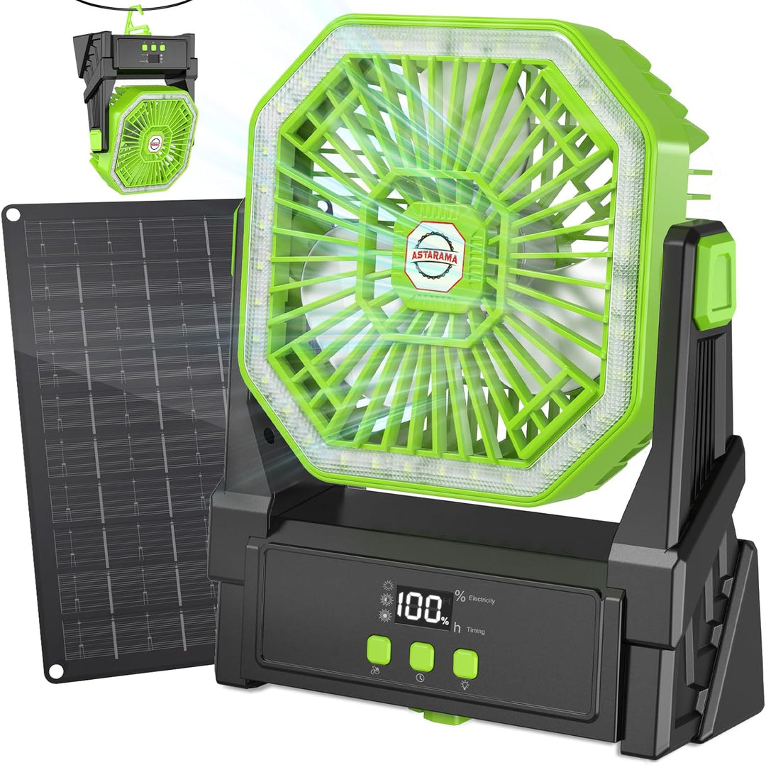 Solar Camping Ventilator mit 10W Solarpanel & Licht, Ventilator Akku 10000mAh,4-Gang USB Tischventil