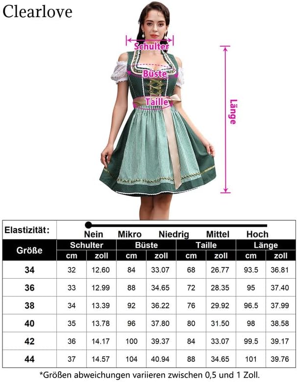 Clearlove Dirndl Damen midi 3tlg Trachtenkleid Damen Trachtenrock Trachtenmode Kleid Dirndlbluse für