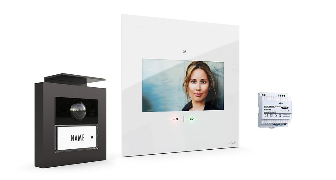 m-e Video-Türsprechanlage RFID anthrazit/weiss | Aluminium Aussenstation für 1-Familienhaus | 7“ Des