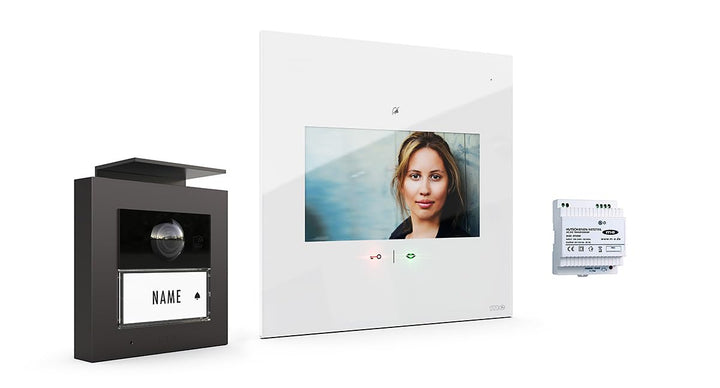 m-e Video-Türsprechanlage RFID anthrazit/weiss | Aluminium Aussenstation für 1-Familienhaus | 7“ Des
