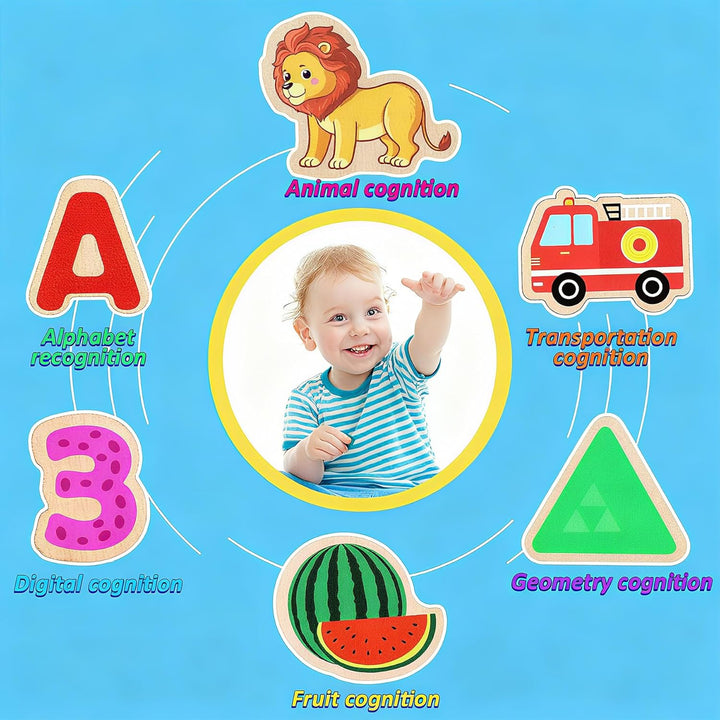 lenbest 6er Set Kinder Holzpuzzle - Montessori Spielzeug - Tier Alphabet Nummer Fahrzeuge Form Fruch
