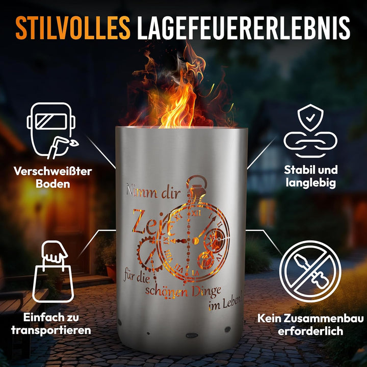 Feuertonne Feuerkorb mit Zeit Motiv - Nimm dir Zeit für die schönen Dinge im Leben - Gartenfeuer Lag
