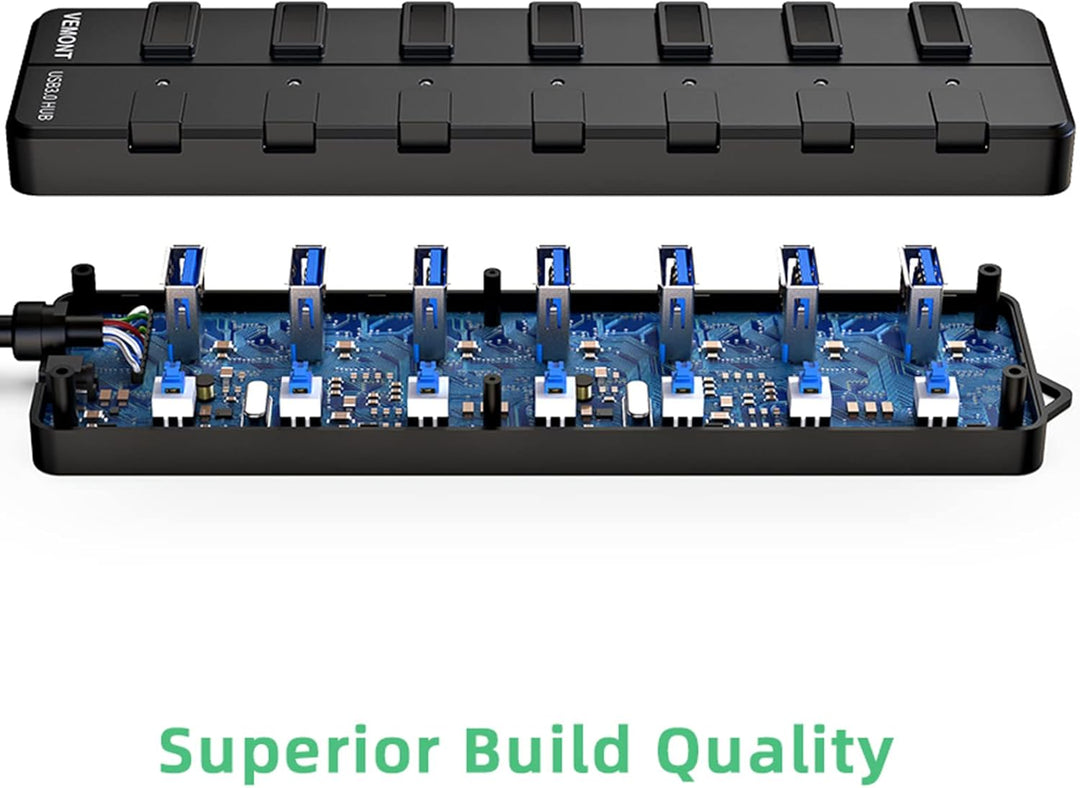 USB 3.0 Hub mit Netzteil,VEMONT 7 Ports USB Hub Aktiv USB Verteiler 5Gbps und Einzelne EIN/Aus-Schal
