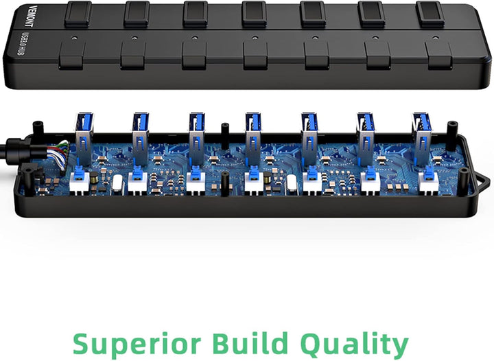 USB 3.0 Hub mit Netzteil,VEMONT 7 Ports USB Hub Aktiv USB Verteiler 5Gbps und Einzelne EIN/Aus-Schal