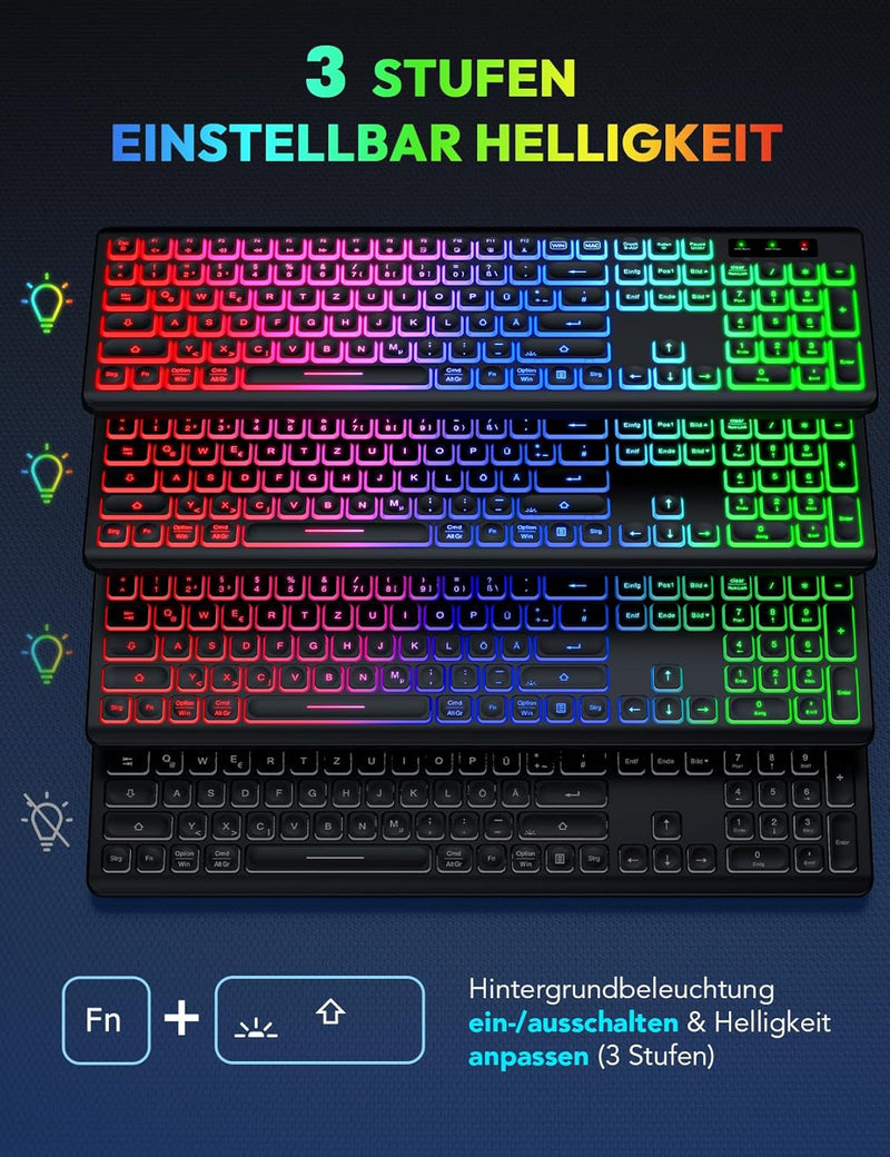 Tastatur Maus Set Kabellos Beleuchtete, wiederaufladbar & Automatischer Schlaf, verstellbare Höhe, 2