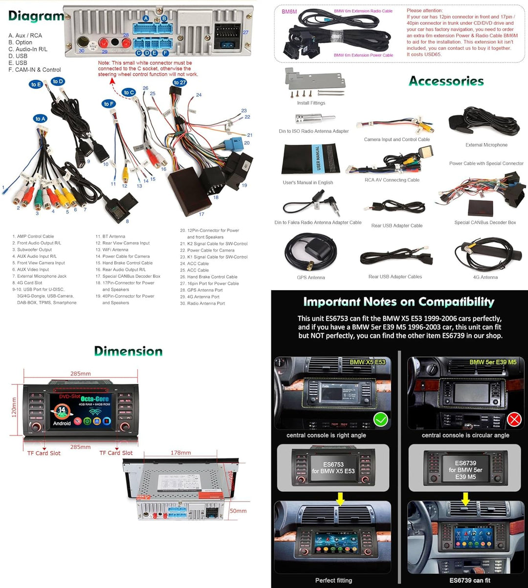 Erisin 8-Core 4+64GB Android 12 Autoradio Navi DAB+Carplay GPS DVD für BMW 5 Series X5 E53