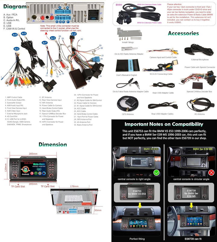 Erisin 8-Core 4+64GB Android 12 Autoradio Navi DAB+Carplay GPS DVD für BMW 5 Series X5 E53