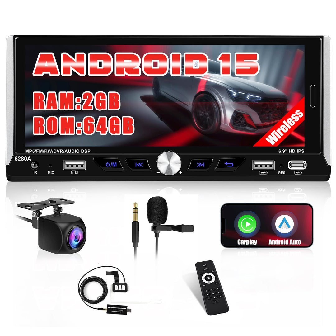 DAB/DAB+ [2G+64G] Android 15 Hikity Autoradio Navi 1Din mit Wireless Carplay Android Auto, 6.9Zoll T