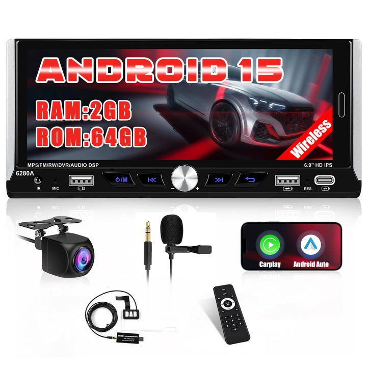 DAB/DAB+ [2G+64G] Android 15 Hikity Autoradio Navi 1Din mit Wireless Carplay Android Auto, 6.9Zoll T