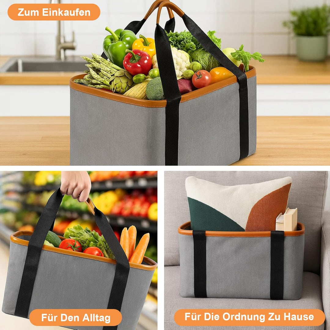 Faltbare Einkaufstasche, 30L Grosse Kapazität Einkaufskorb mit veganem Ledergriff, wasserdichte Oxfo