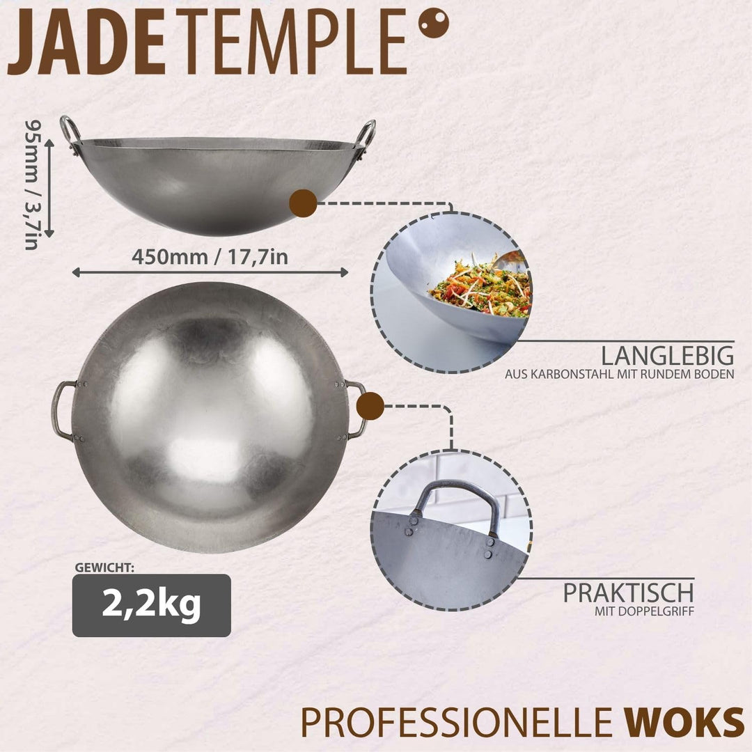 JADE TEMPLE Wok aus Carbonstahl, mit rundem Boden und 45 cm Durchmesser, mit Doppelgriff, Grau