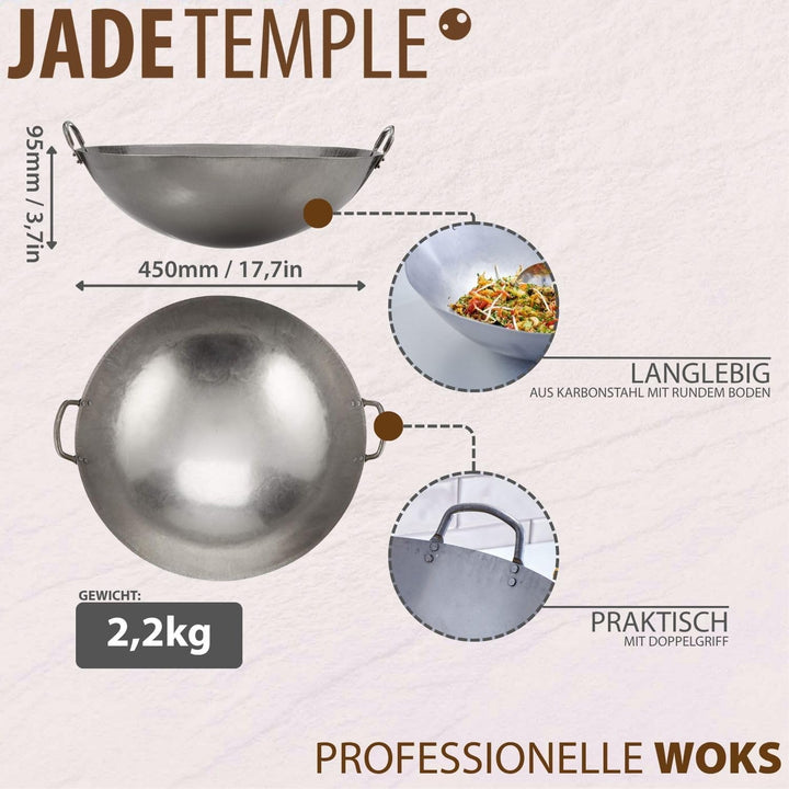 JADE TEMPLE Wok aus Carbonstahl, mit rundem Boden und 45 cm Durchmesser, mit Doppelgriff, Grau