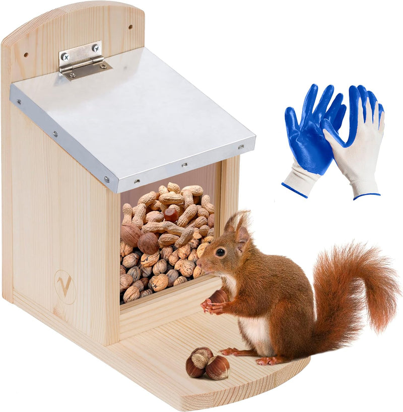 valuents Eichhörnchen Futterhaus mit Klappe – Futterstation – wetterfest aus Kiefernholz mit Zinkdac