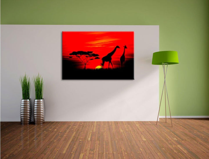 Pixxprint Giraffen im Sonnenuntergang als Leinwandbild/Grösse: 100x70 cm/Wandbild/Kunstdruck/fertig