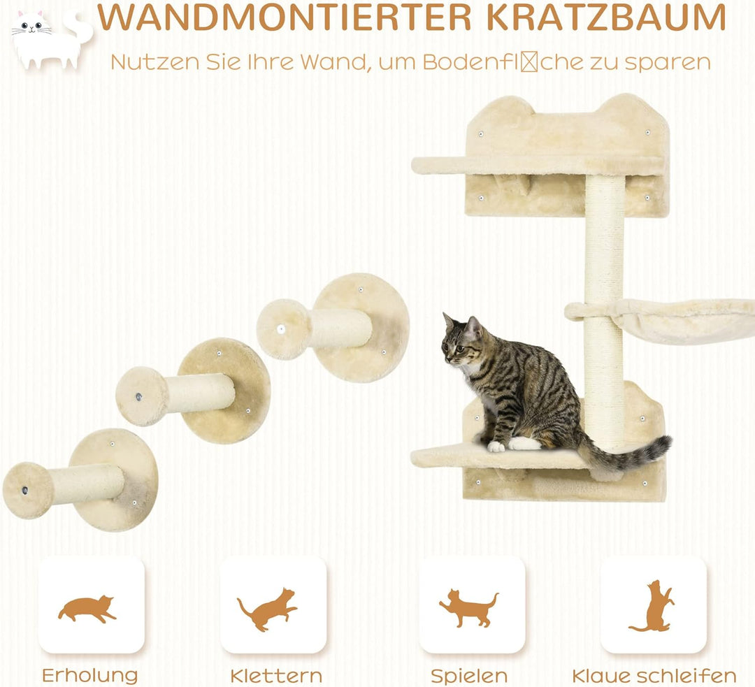 PawHut Kletterwand Katzen 4-teilig Katzen Kletterwand Set mit Sprungturm, 3 Kratzbäume, Kratzbaum mi