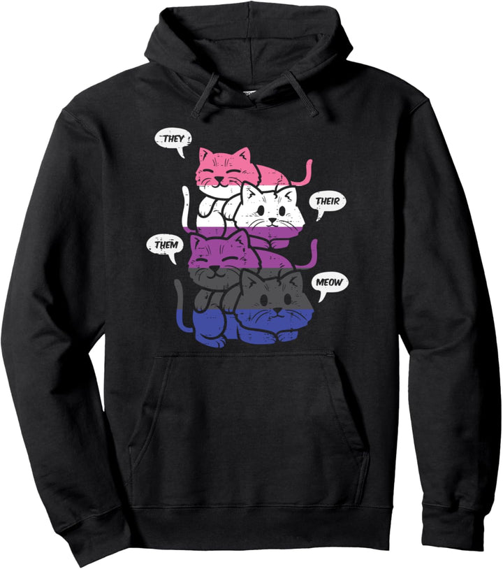 They Their Them Meow Cats Pronouns LGBTQ Genderfluid Flag Pullover Hoodie