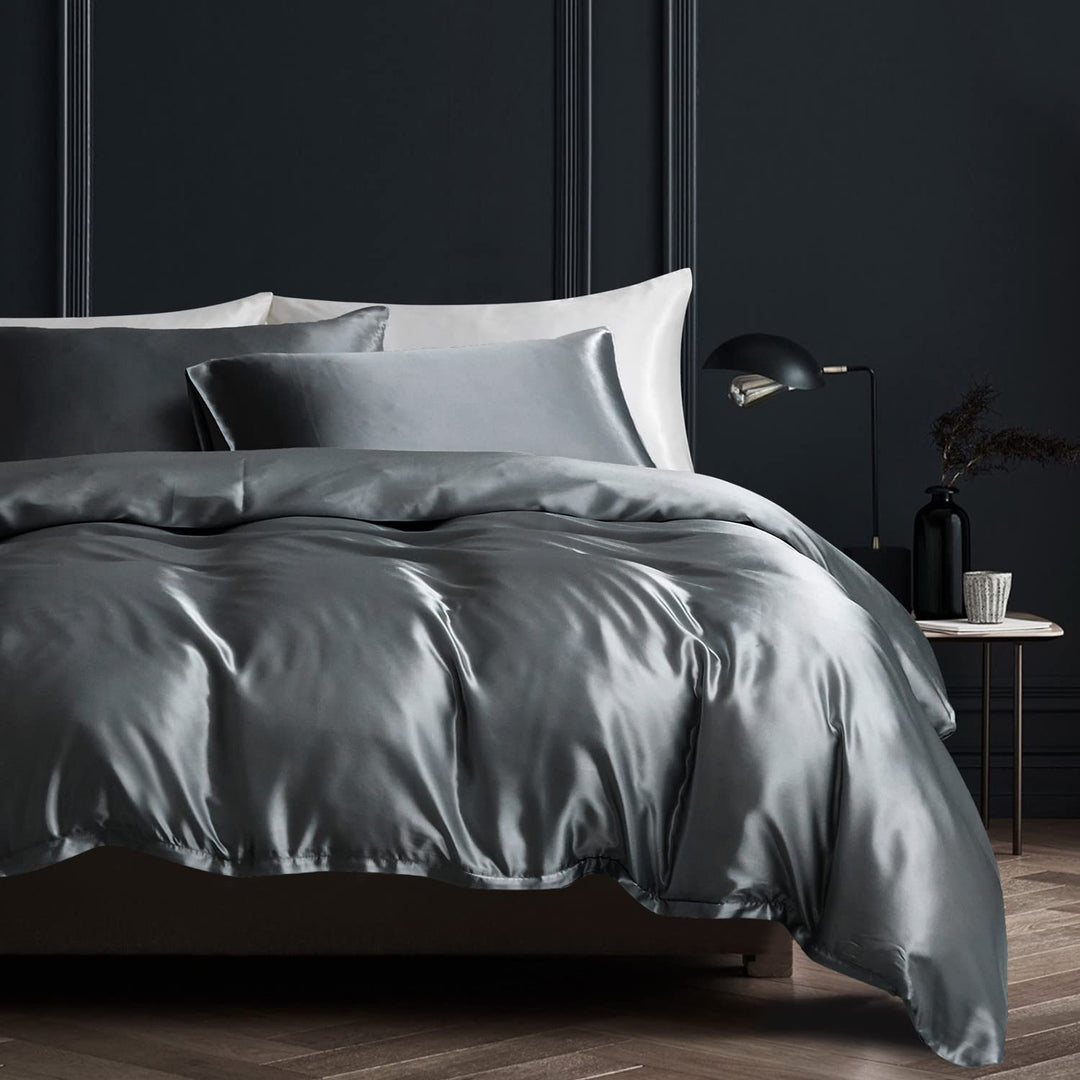 Boqingzhu Satin Bettwäsche 135x200cm Grau Dunkelgrau Anthrazit Uni Einfarbig Glatt Glänzend Luxus Se