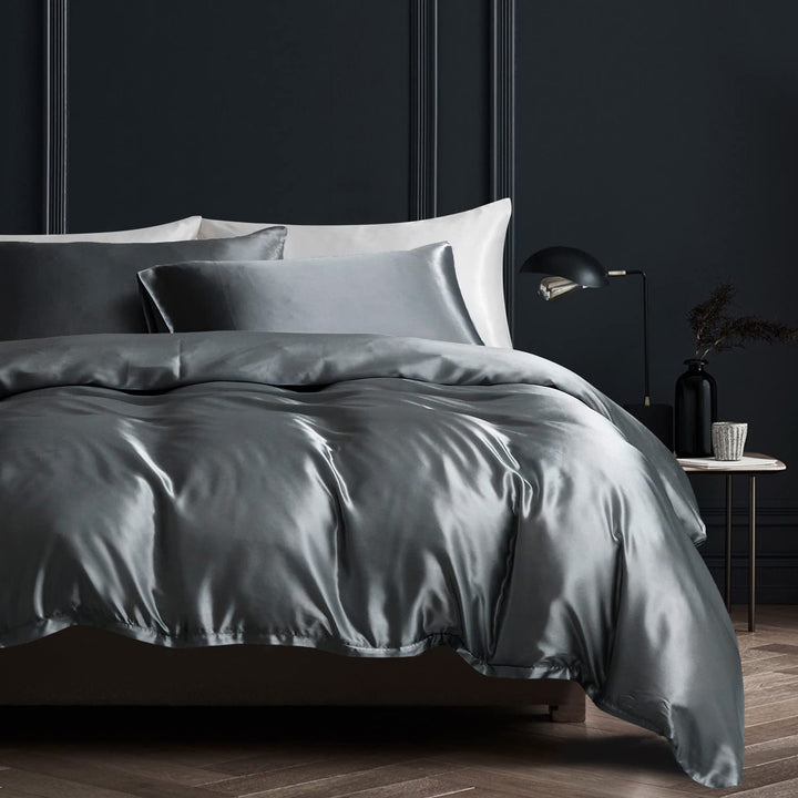 Boqingzhu Satin Bettwäsche 135x200cm Grau Dunkelgrau Anthrazit Uni Einfarbig Glatt Glänzend Luxus Se