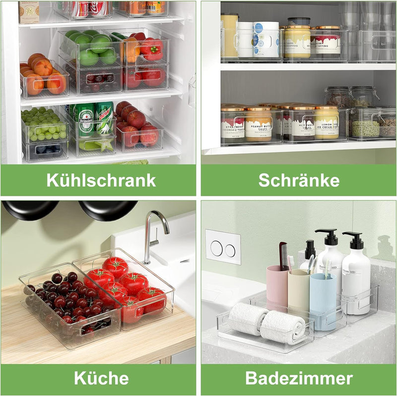 FINEW Kühlschrank Organizer 6er Set (3 Grössen), Stapelbare Speisekammer Vorratsbehälter, Durchsicht