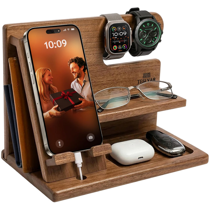 TESLYAR Holz-Telefon-Dockingstation für Männer – Schreibtisch- oder Nachttisch-Organizer – Geburtsta
